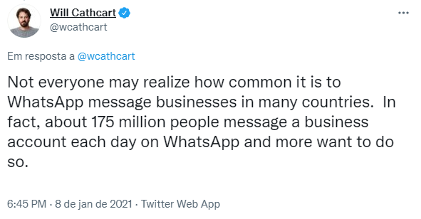 Will Cathcart no Twitter: "175 milhões de pessoas enviam mensagens para contas comerciais no WhatsApp todos os dias."